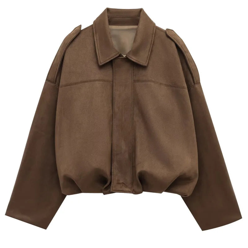 Women's Cropped Suede-Finish Racing Bomber Jacket in Khaki