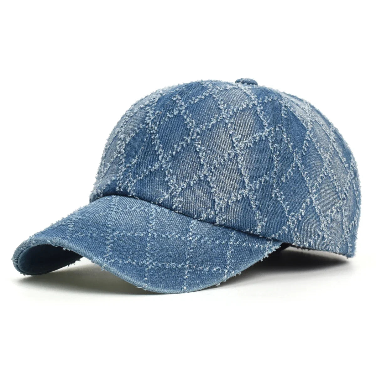 Women's Quilted Denim Baseball Cap with Frayed Edges in Blue