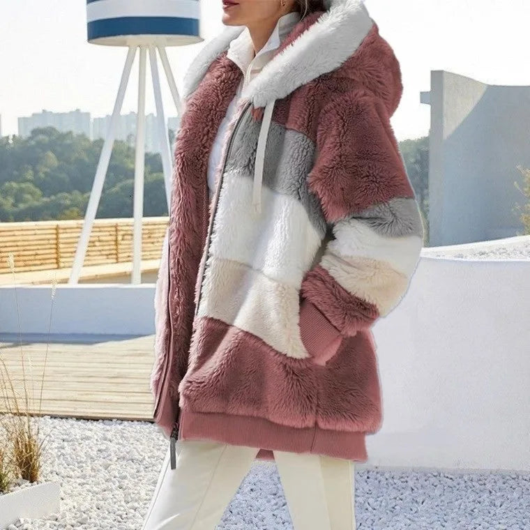 Women's Fleece Jacket, Oversized Plush Hooded Zip Up Winter Coat