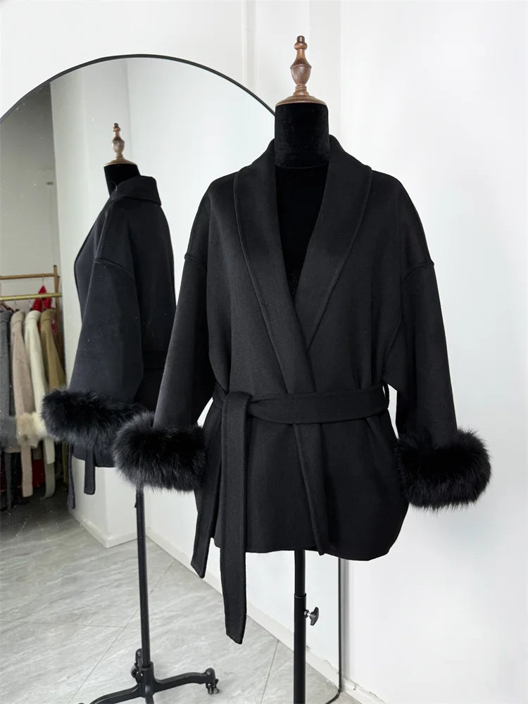 Women's Wool Coat, Double Sided Short Overcoat with Collar Detail