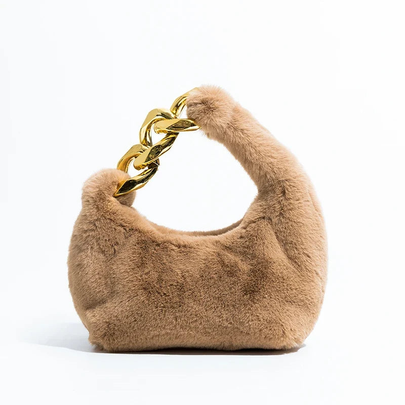 Women's Faux Fur Crescent Shoulder Bag with Chain Strap, view 4
