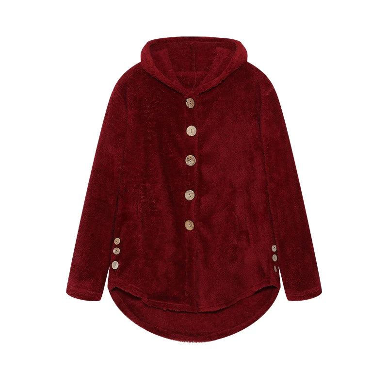 Women's Two-Piece Pleated Print Shirt and Faux Fur Coat Set in Burgundy