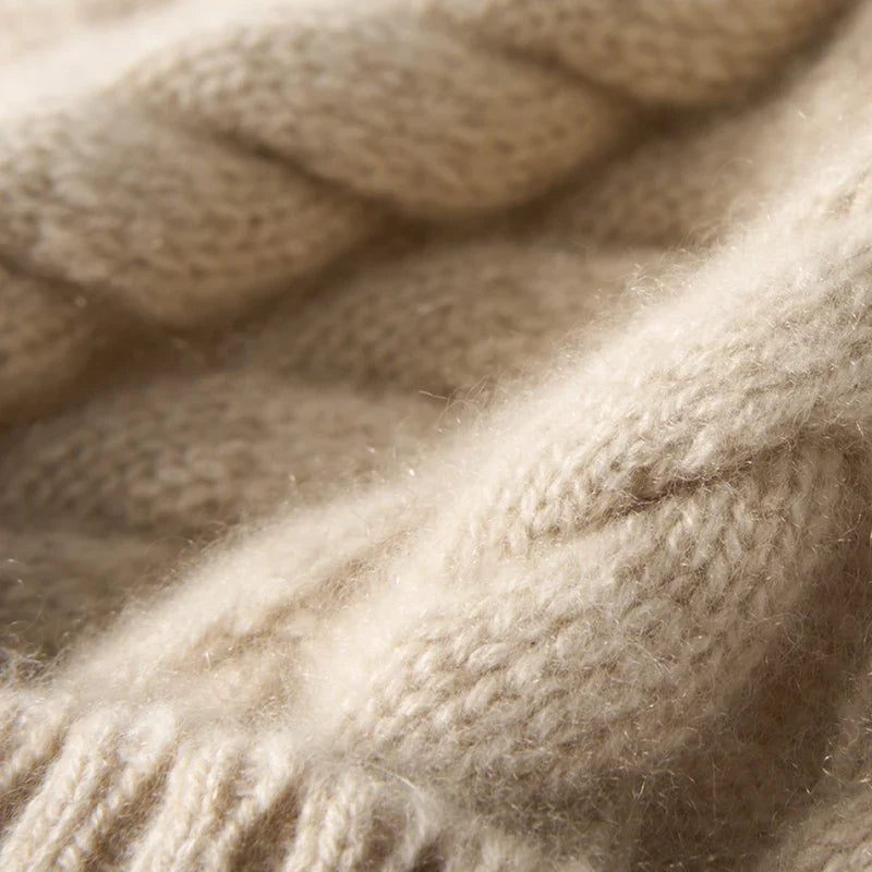 Women's Hand-Knit Cashmere Cable Beanie with Pom-Pom, view 14