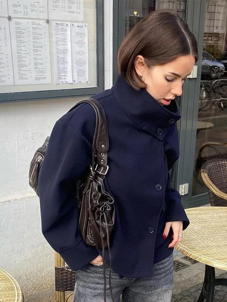 Women's Stand Collar Coat, Single Breasted Short Wool Blend Work Jacket