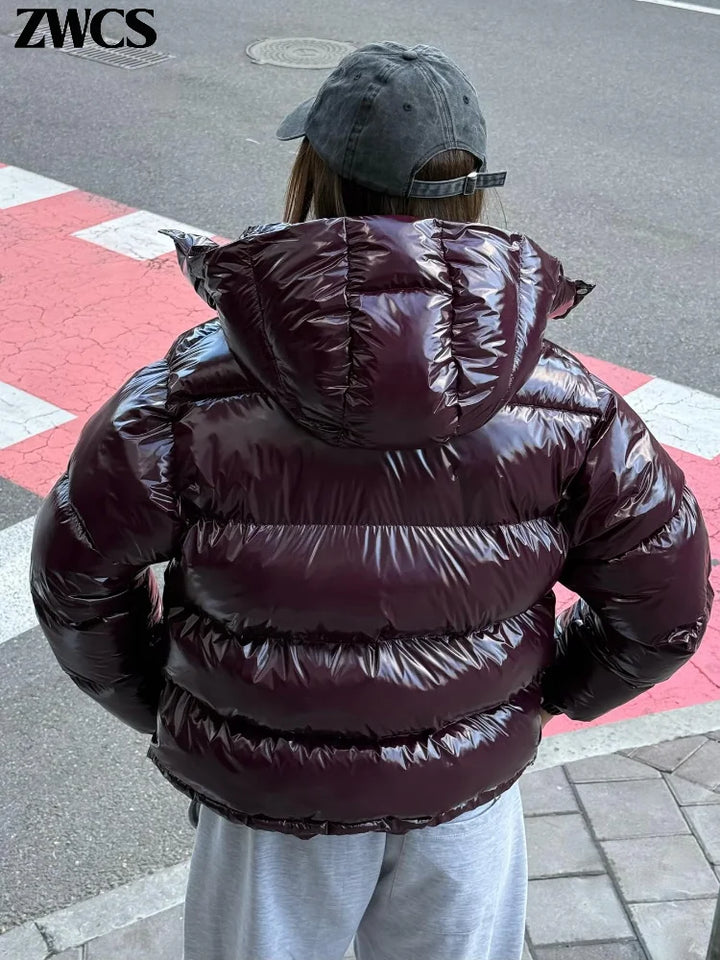Women's Cropped Puffer Jacket, Glossy Hooded Zip Up Short Winter Coat