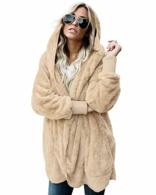 Women's Oversized Hooded Sherpa Cardigan Coat in Apricot