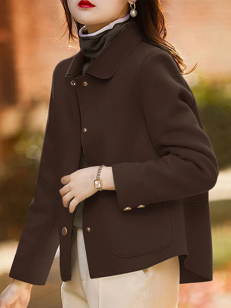 Women's Short Wool Blend Coat, Button Up Warm Winter Overcoat Plus Size