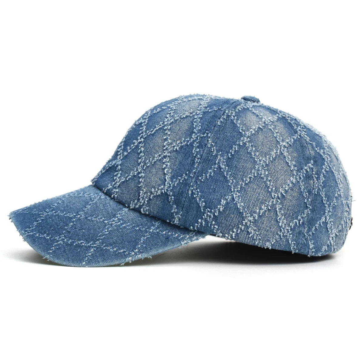 Women's Quilted Denim Baseball Cap with Frayed Edges, view 6