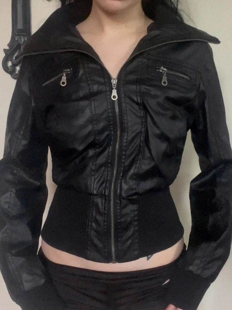 Women's Faux Leather Jacket, Vintage Zip Up Moto Streetwear Coat