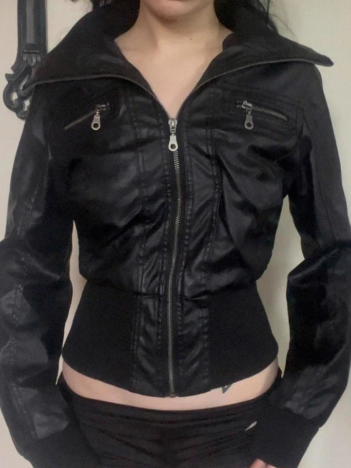Women's Faux Leather Jacket, Vintage Zip Up Moto Streetwear Coat