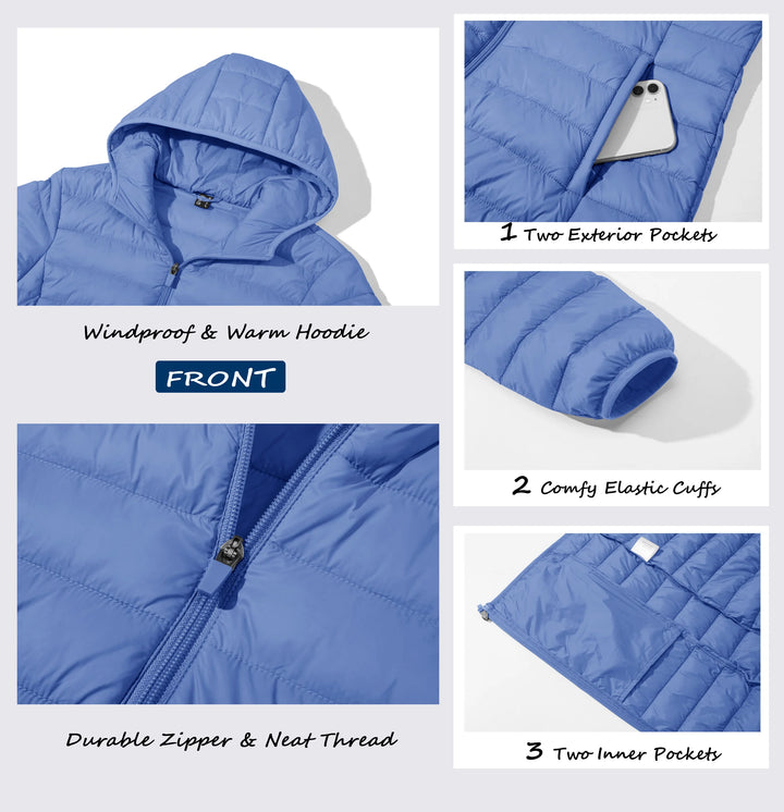 Women's Hooded Puffer Jacket, Lightweight Quilted Padded Windbreaker Coat