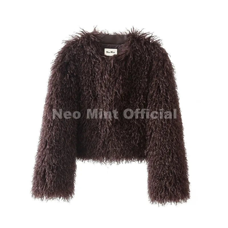 Women's Cropped Round Neck Faux Fur Coat, view 5