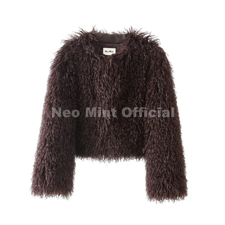 Women's Cropped Faux Fur Coat, Fluffy Round Neck Warm Winter Jacket