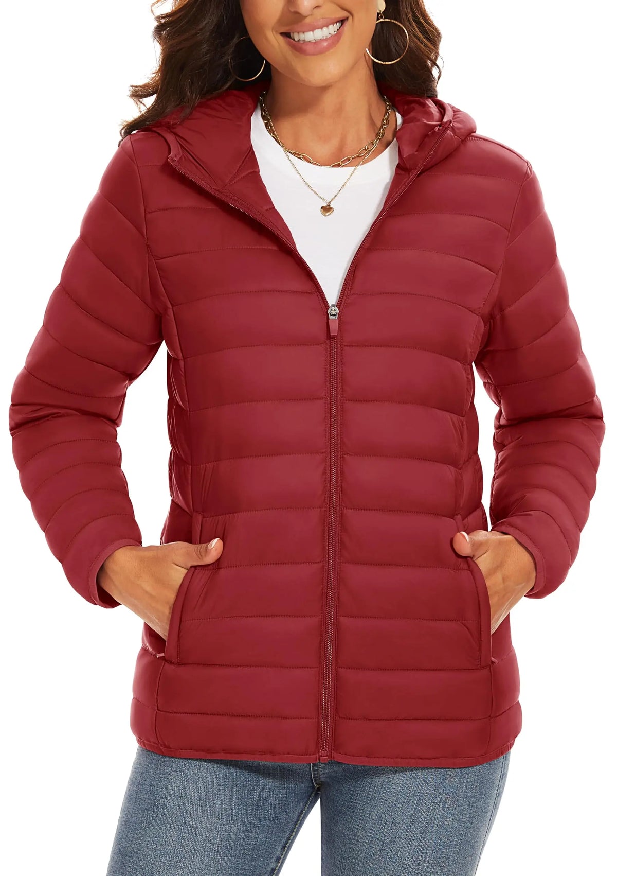 Women's Lightweight Hooded Quilted Puffer Jacket in Dark Orange