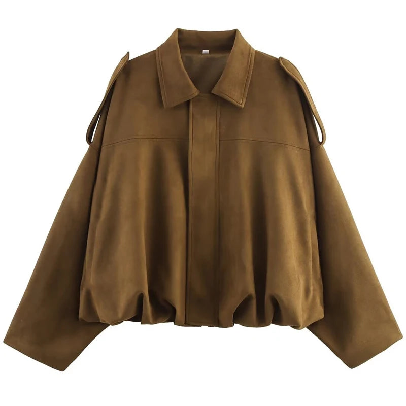 Women's Cropped Suede-Finish Racing Bomber Jacket in Dark Brown
