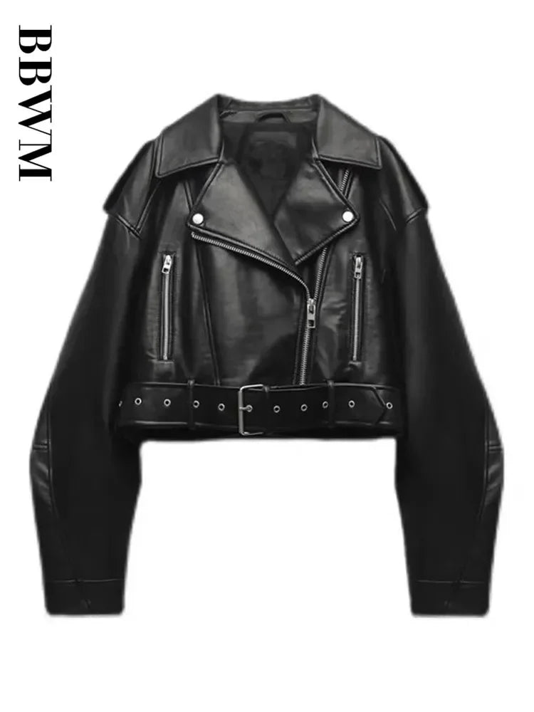 Women's Black Oversized Belted Faux Leather Biker Jacket
