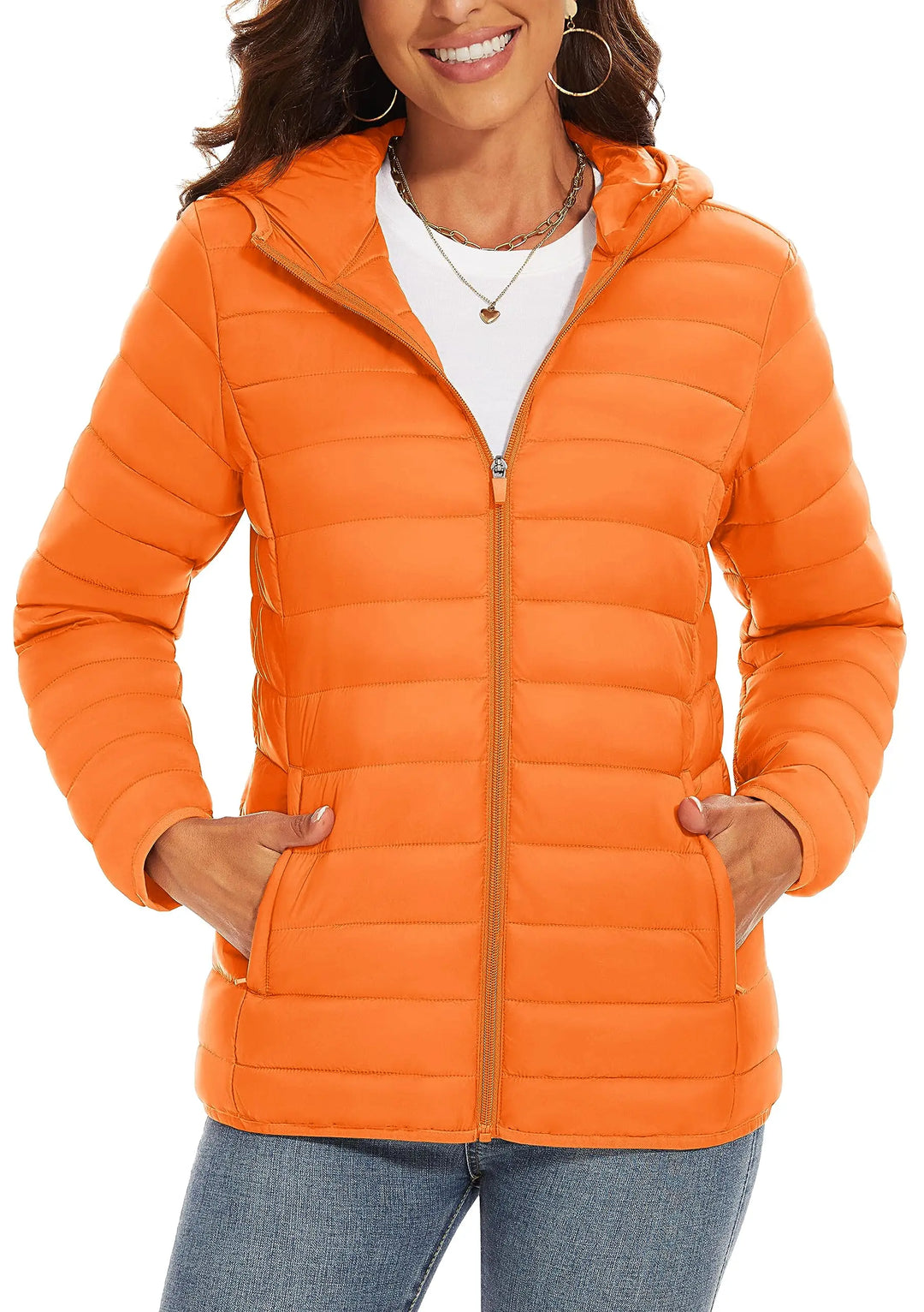 Women's Hooded Puffer Jacket, Lightweight Quilted Padded Windbreaker Coat