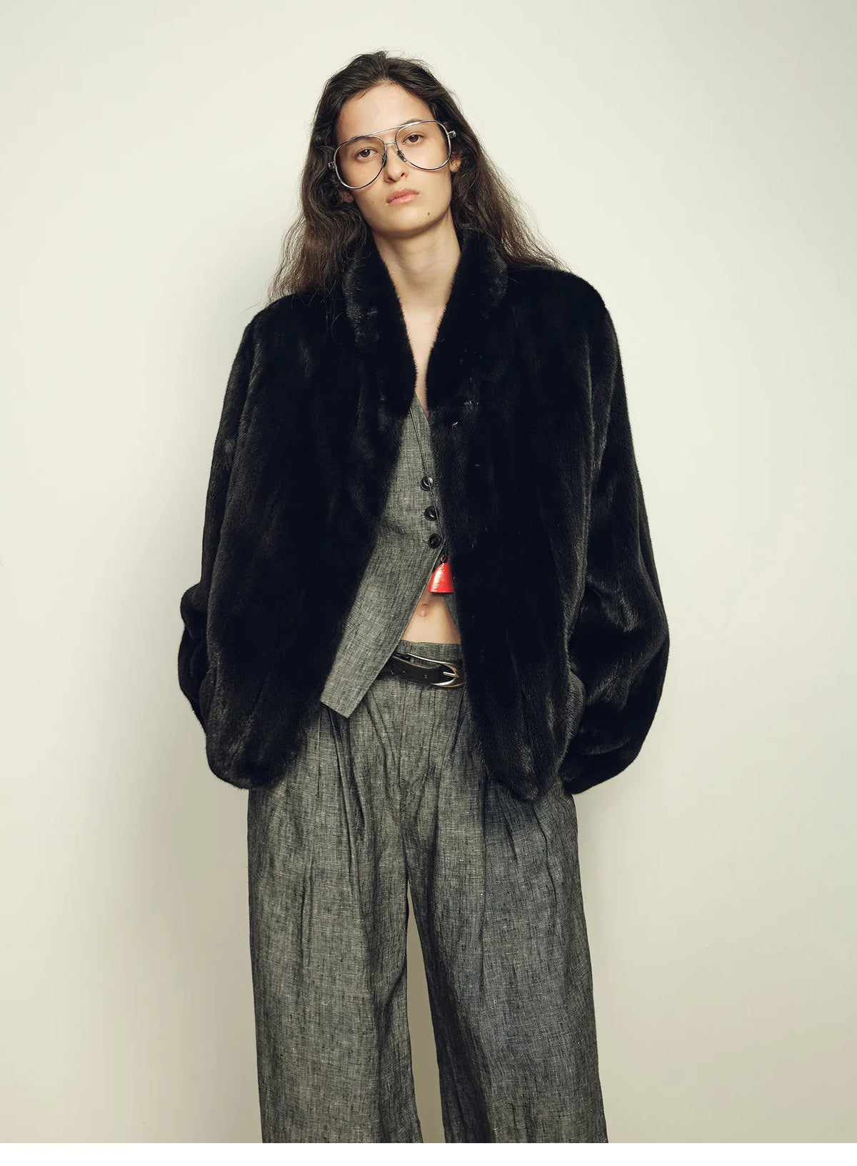 Women's Short Silky Faux Fur Coat with Stand Collar in Black