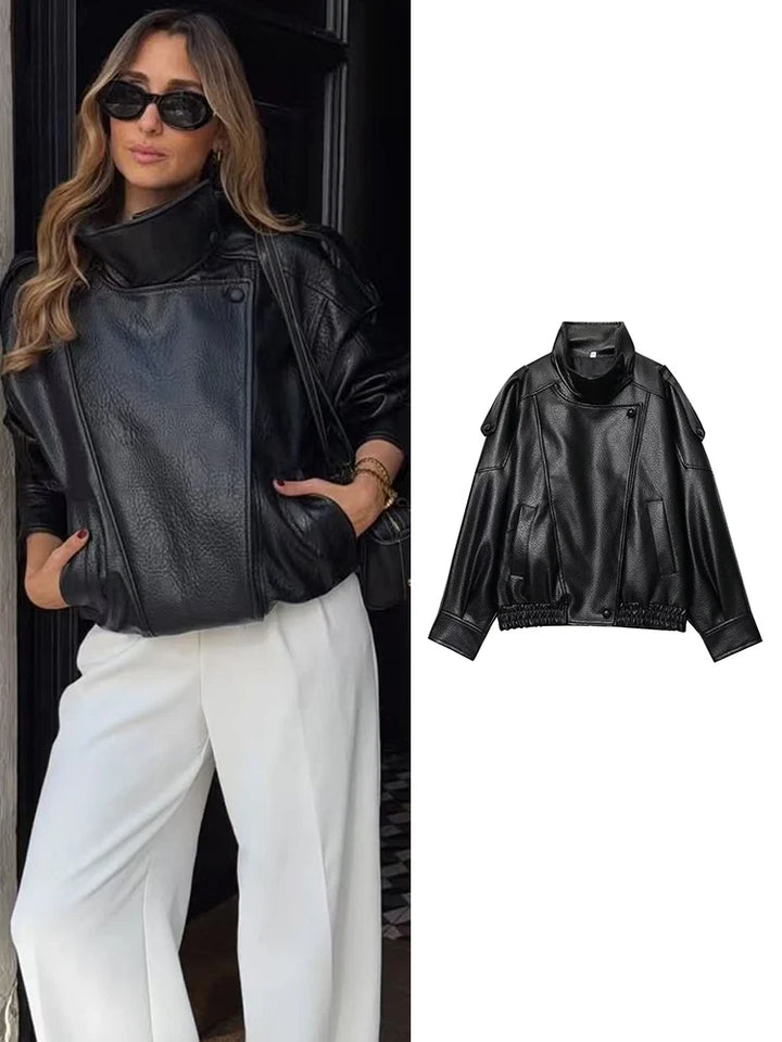 Women's Faux Leather Jacket, Loose Moto Biker Fall Winter Coat