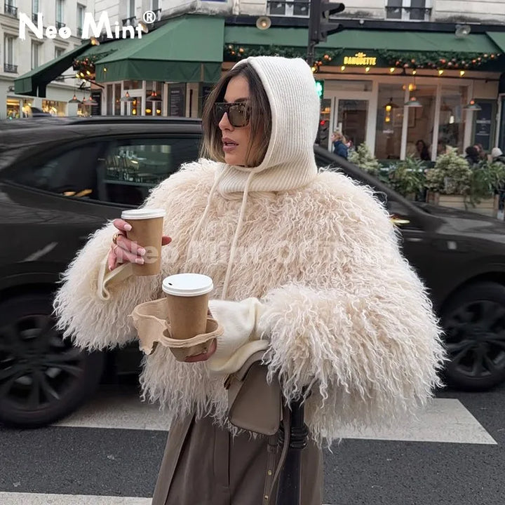 Women's Cropped Faux Fur Coat, Fluffy Round Neck Warm Winter Jacket