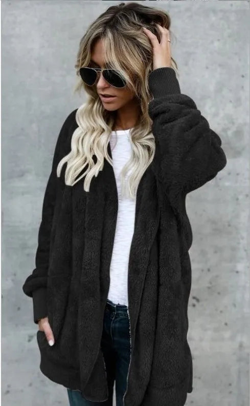 Women's Fleece Jacket, Oversized Hooded Sherpa Cardigan Coat