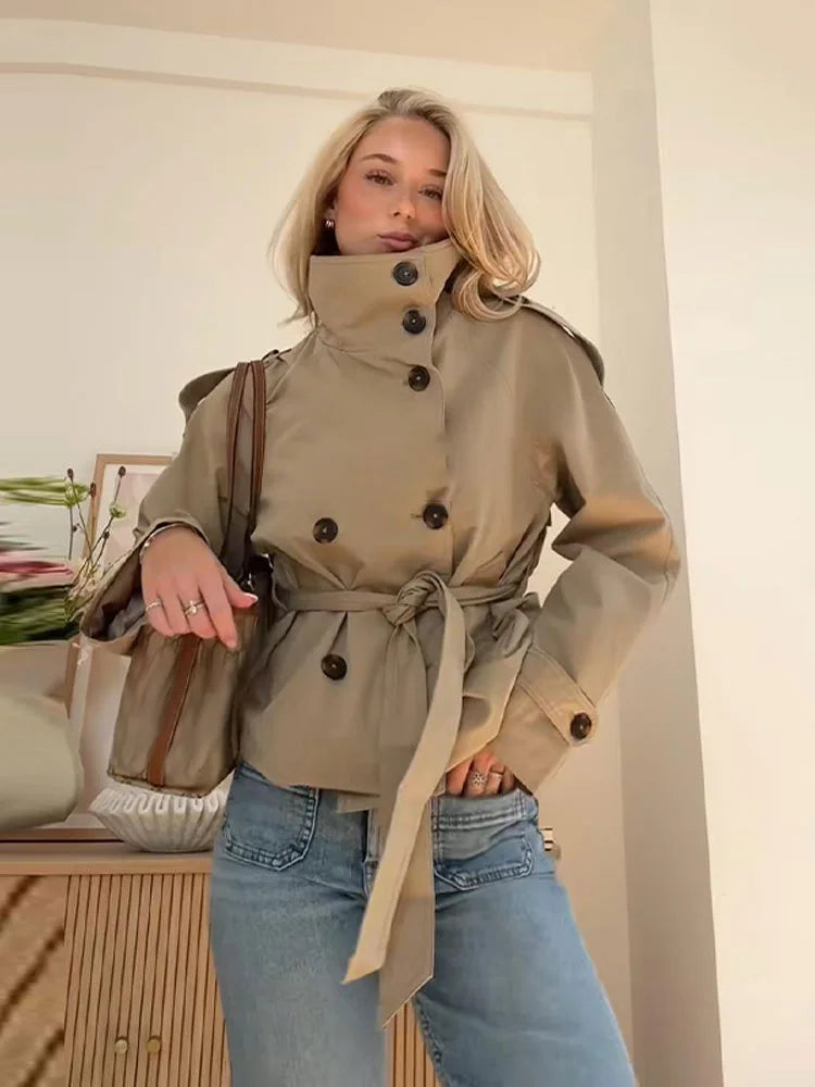 Women's Cropped Trench Coat, Belted Double Breasted Fall Jacket