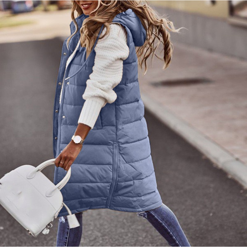 Women's Long Hooded Puffer Vest with Side Pockets in Navy Blue