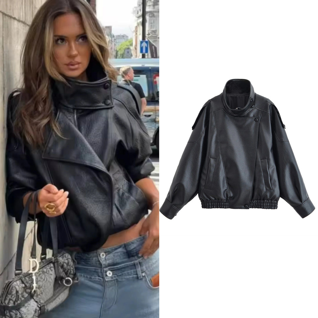 Women's Faux Leather Jacket, Pebble Grain Moto Biker Coat