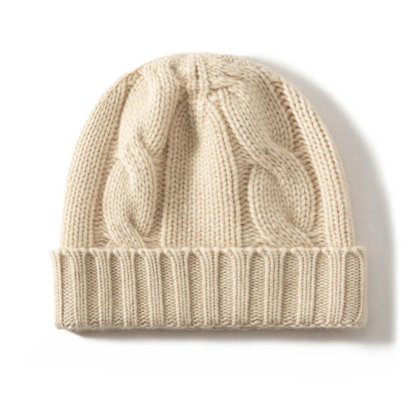 Women's Chunky Cable Cashmere Beanie with Ribbed Cuff in Beige