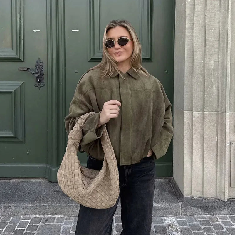 Women's Bomber Jacket, Turn Down Collar Loose Vintage Fall Coat