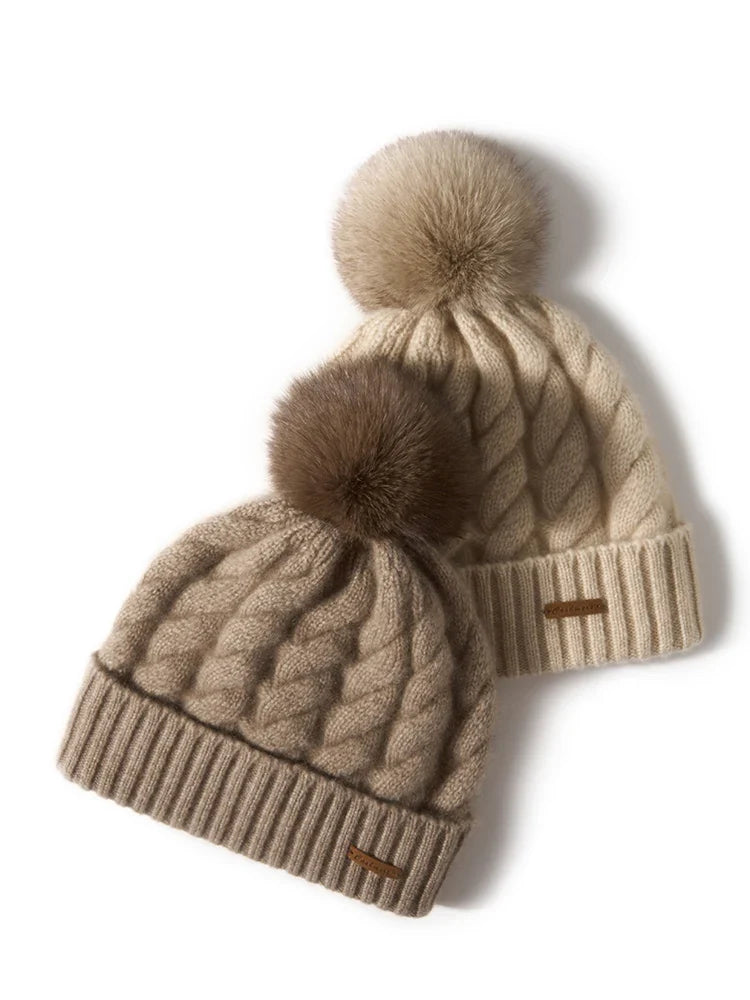 Women's Hand-Knit Cashmere Cable Beanie with Pom-Pom, view 4