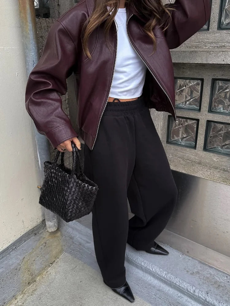 Women's Faux Leather Jacket, Wine Red Lapel Zip Up Short Coat