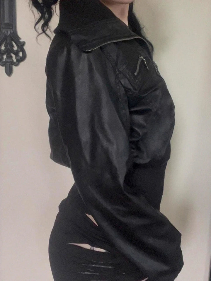 Women's Faux Leather Jacket, Vintage Zip Up Moto Streetwear Coat