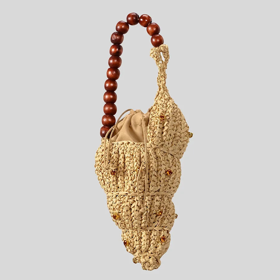 Women's Beige Woven Shell Bag with Wooden Bead Handle, view 7