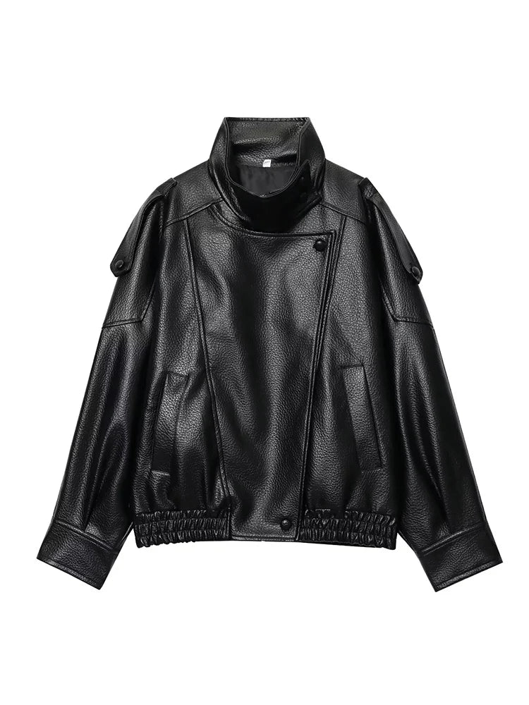 Women's Faux Leather Jacket, Loose Moto Biker Fall Winter Coat