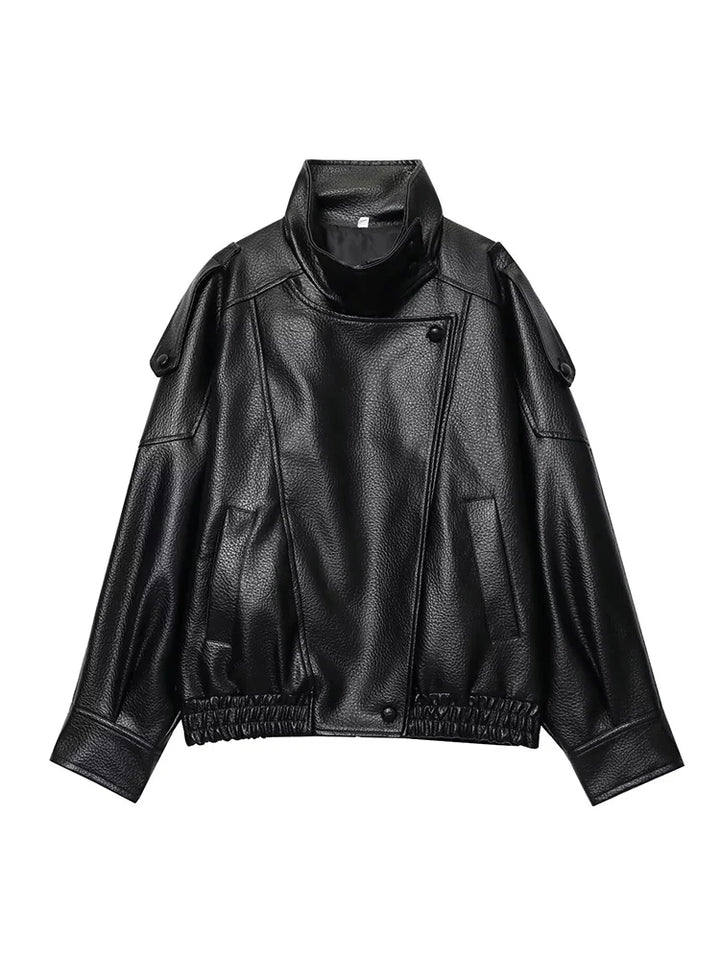 Women's Faux Leather Jacket, Loose Moto Biker Fall Winter Coat
