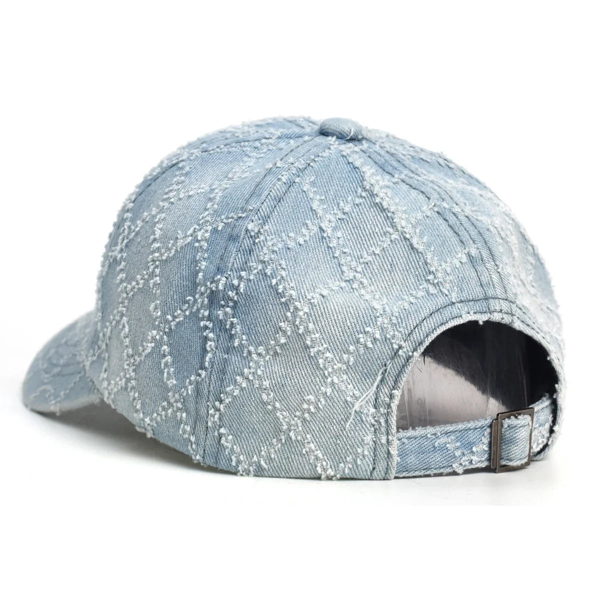 Women's Quilted Denim Baseball Cap with Frayed Edges, view 4