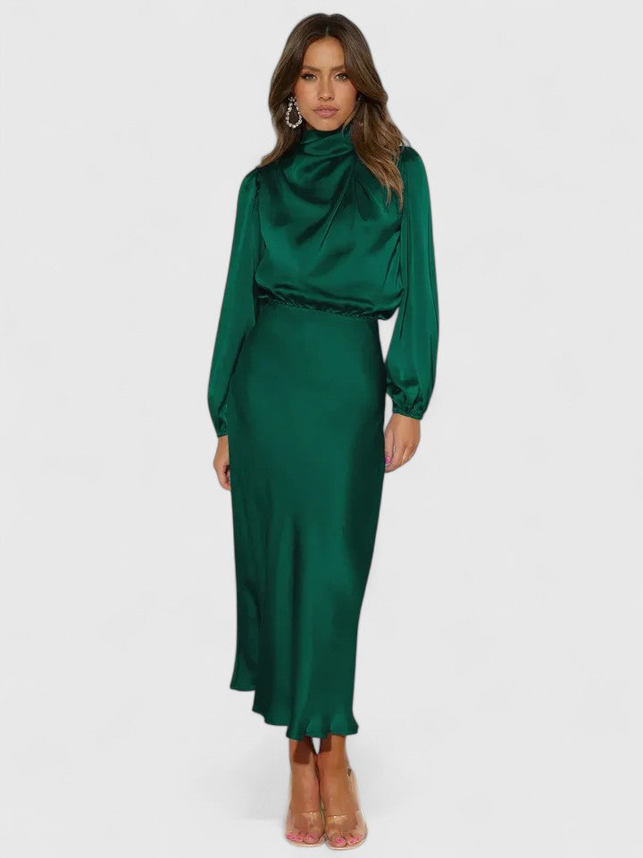 Women's High Neck A-Line Maxi Dress with Lantern Sleeves in Green
