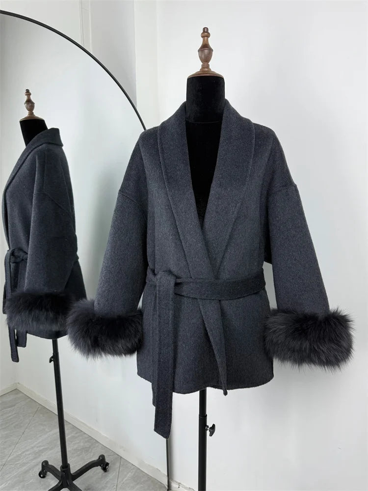 Women's Double-Sided Wool Blend Coat with Collar Detail in Dark Gray