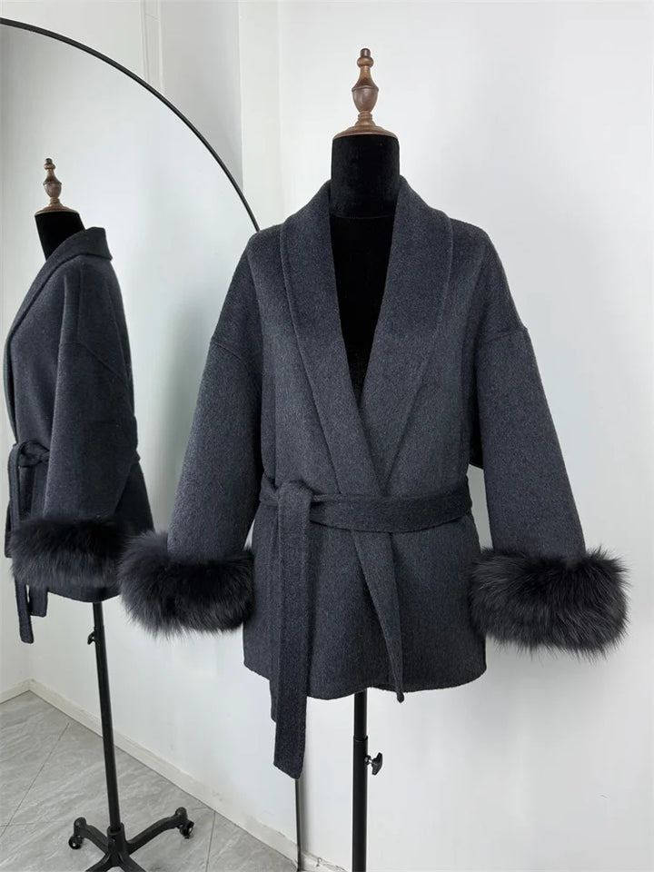 Women's Wool Coat, Double Sided Short Overcoat with Collar Detail