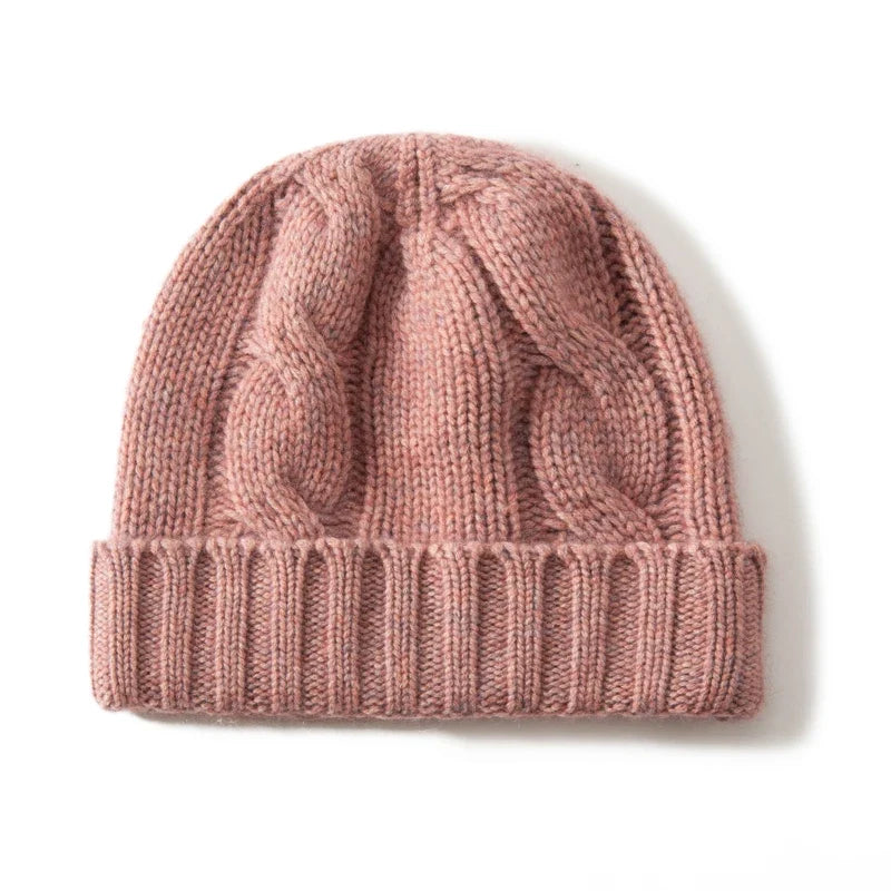 Women's Chunky Cable Cashmere Beanie with Ribbed Cuff in Pink
