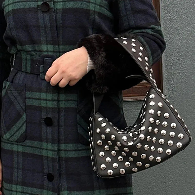 Women's Black Studded Faux Leather Top Handle Bag, view 3