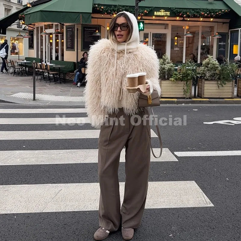 Women's Cropped Faux Fur Coat, Fluffy Round Neck Warm Winter Jacket