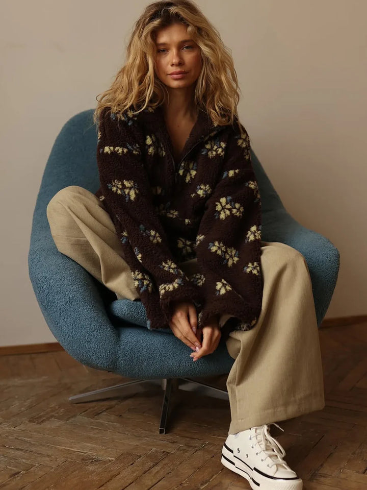 Women's Sherpa Pullover Hoodie, Half Zip Floral Fleece Sweatshirt
