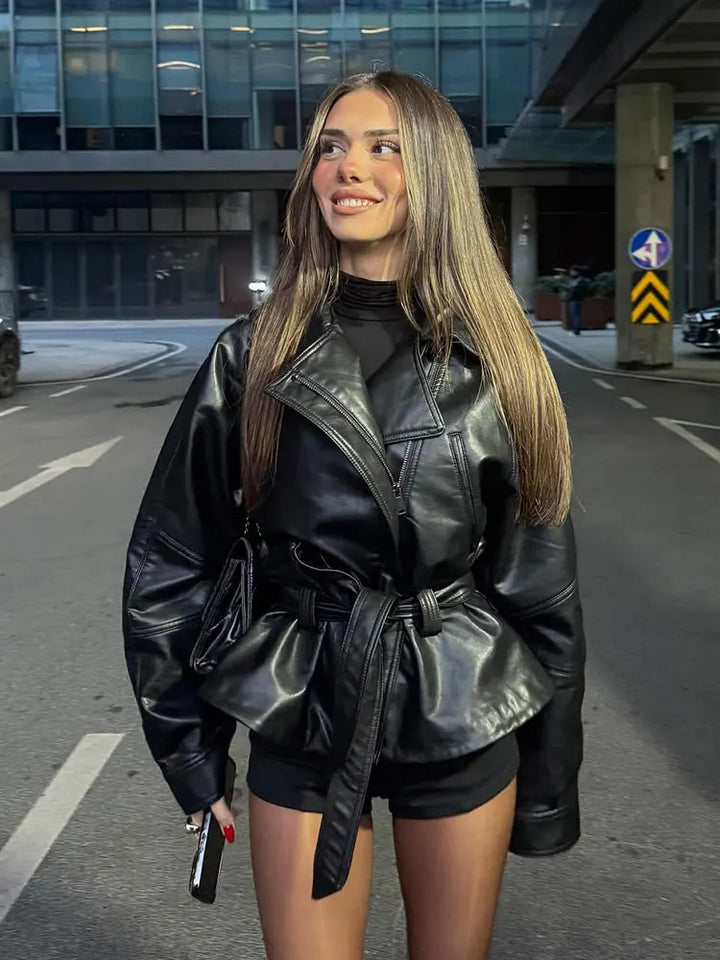 Women's Faux Leather Trench Coat, Belted Lapel Vintage Moto Jacket