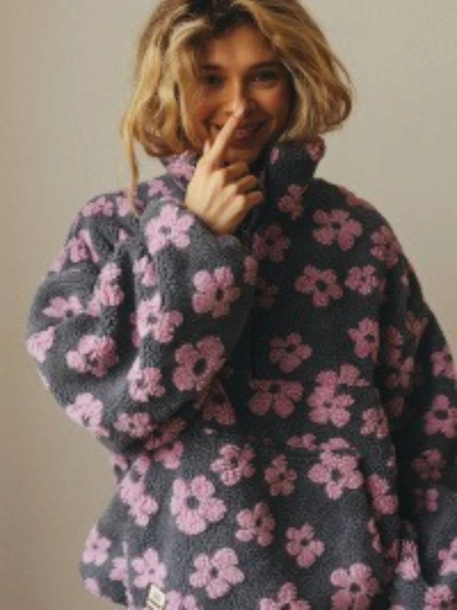 Women's Floral Sherpa Half-Zip Pullover Hoodie in Pink