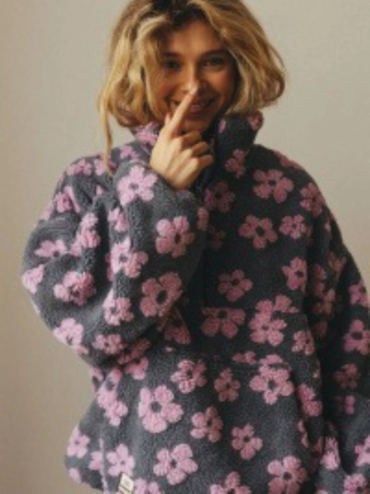 Women's Sherpa Pullover Hoodie, Half Zip Floral Fleece Sweatshirt
