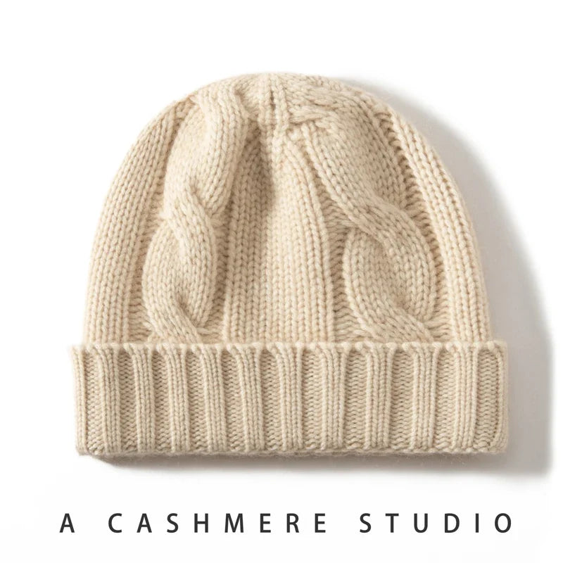 Women's Chunky Cable Cashmere Beanie with Ribbed Cuff, view 7