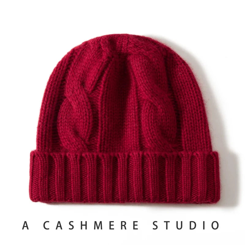 Women's Chunky Cable Cashmere Beanie with Ribbed Cuff, view 18
