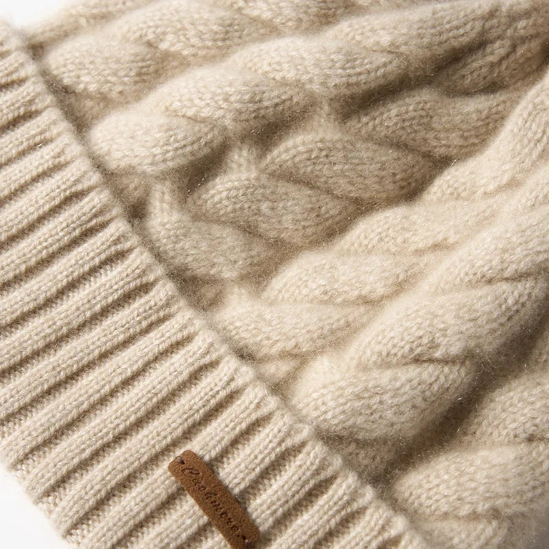 Women's Hand-Knit Cashmere Cable Beanie with Pom-Pom, view 13